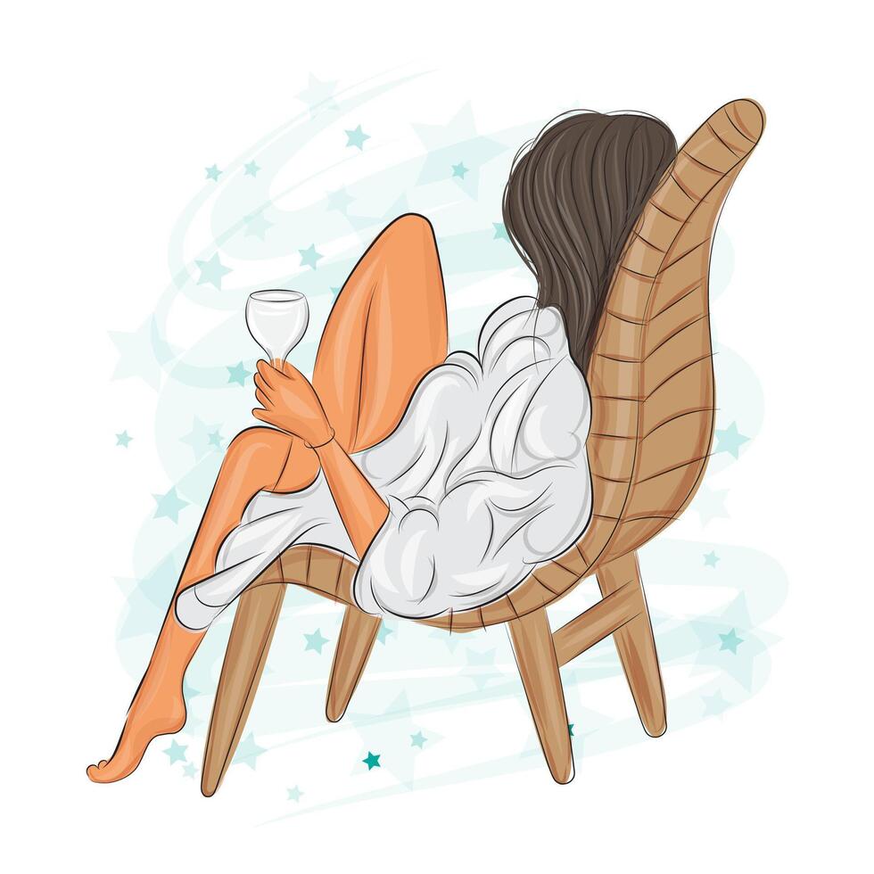 Beautiful girl in a robe drinking wine and relaxing on a chaise lounge fashion vector illustration
