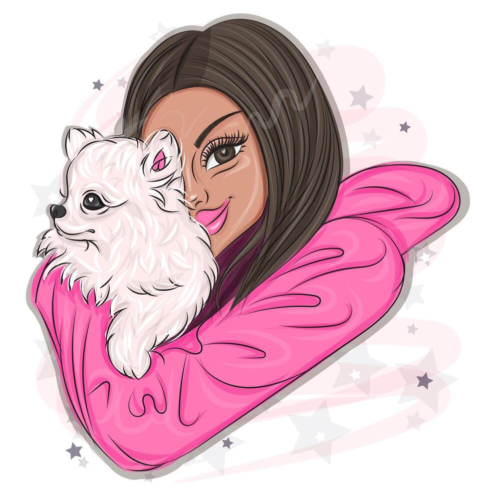 niña con perro de Pomerania perro vector Moda ilustración