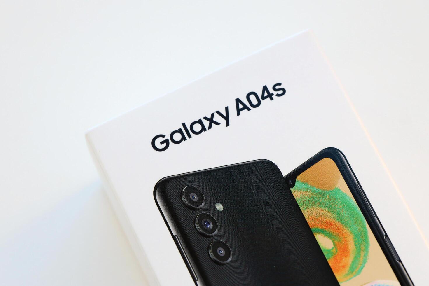 KYIV, UKRAINE - 4 MAY, 2023 Samsung Galaxy A04 Android smartphone has 6.5-inch PLS LCD panel with Infinity-V design photo