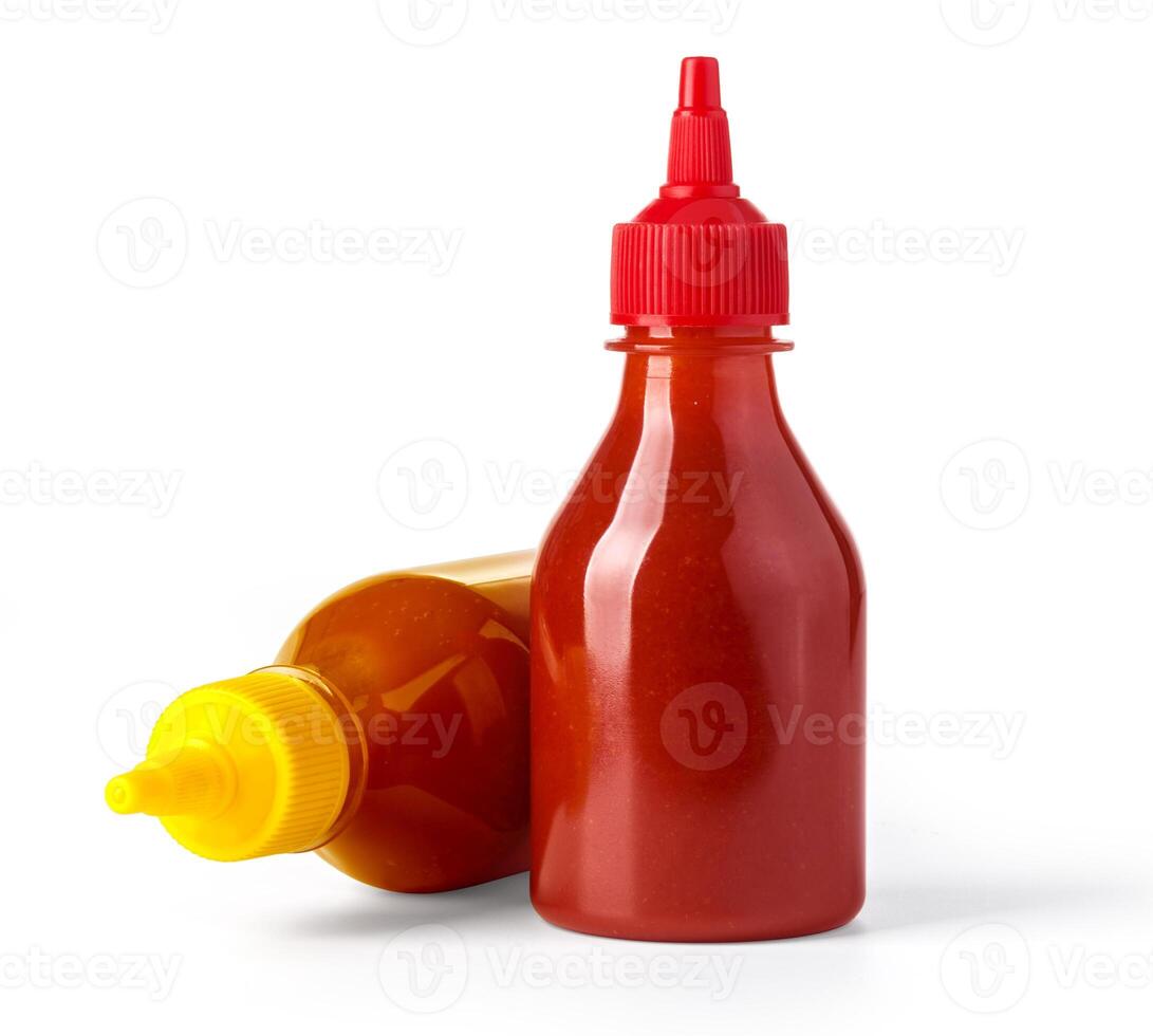 Red plastic ketchup and yellow mustard plastic bottle photo