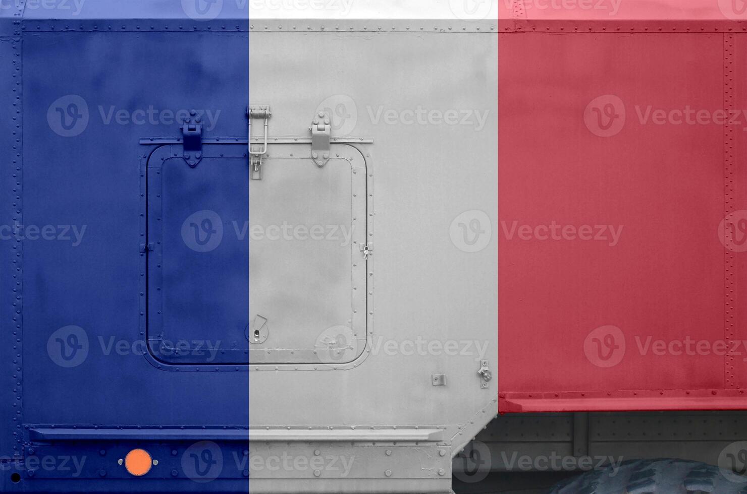 France flag depicted on side part of military armored truck closeup. Army forces conceptual background photo