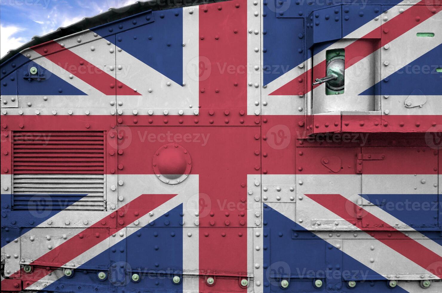 Great britain flag depicted on side part of military armored tank closeup. Army forces conceptual background photo