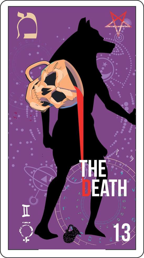 Egyptian tarot card number thirteen, called Death. Vase in the shape of a skull and god Anubis. vector