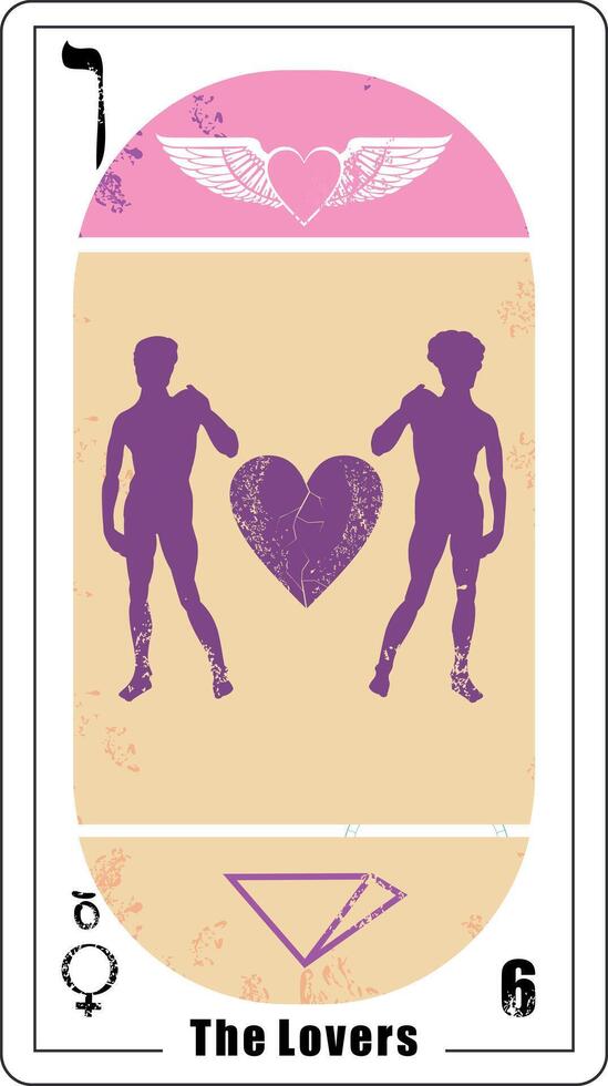 Egyptian tarot card number six, called The Lovers. Silhouette of Michelangelo's David. vector