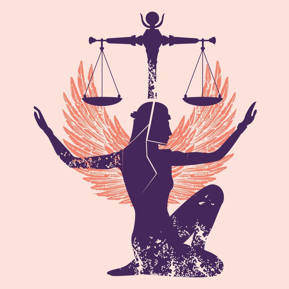 T-shirt design featuring the silhouette of an Egyptian woman on her knees with outstretched arms, wings and a scale, in blue and orange tones. Eastern representation of justice and balance. vector