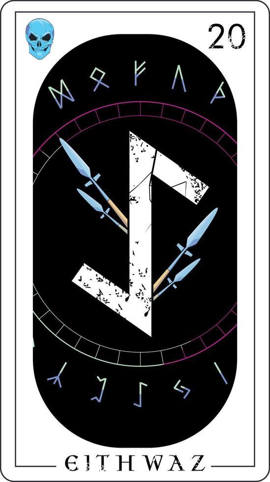 vikingo tarot tarjeta con rúnico alfabeto. rúnico letras llamado eithwaz siguiente a un par de lanzas aislado en negro. vector