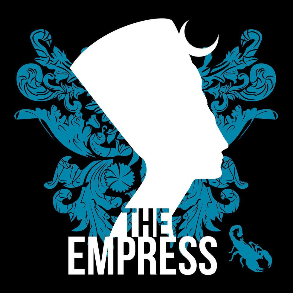 The empress. Bust of an Egyptian pharaoh named Nefertiti with a butterfly and a light blue scorpion on a black background. vector