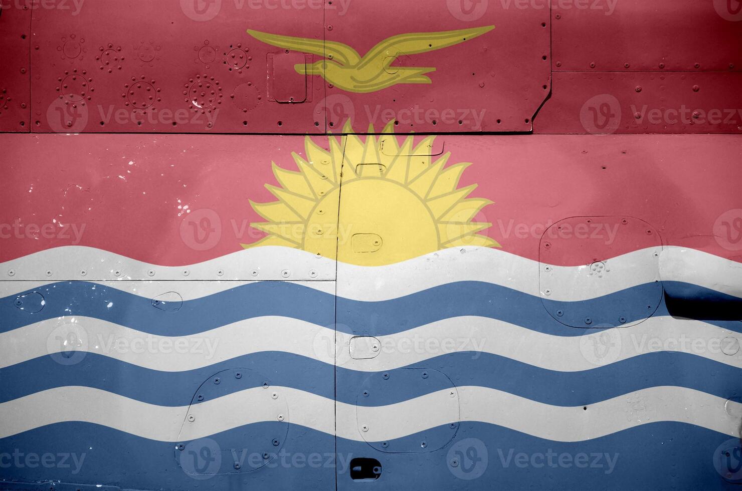 Kiribati flag depicted on side part of military armored helicopter closeup. Army forces aircraft conceptual background photo