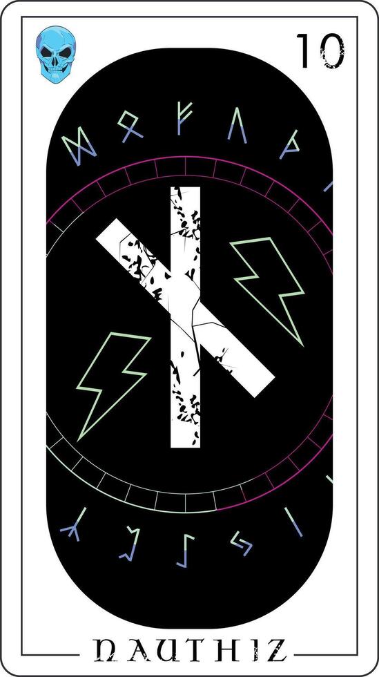 Viking tarot card with runic alphabet. Runic letter t-shirt called Nauthiz next to the symbol of thunderbolt. vector