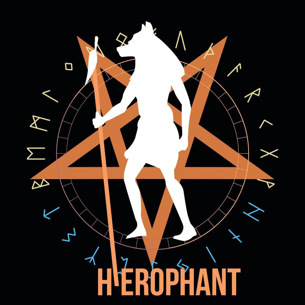 Hierophant. T-shirt design of the Egyptian god Anubis on a diabolical star and runic alphabet on a black background. vector