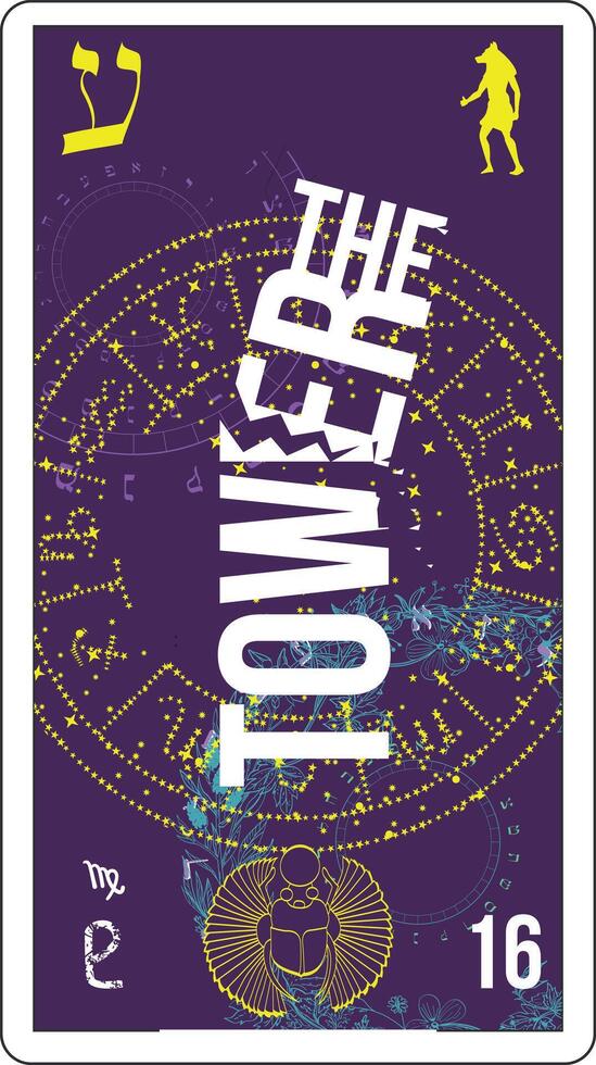 Egyptian tarot card number sixteen, called The Tower. Typographic design on a star background. vector