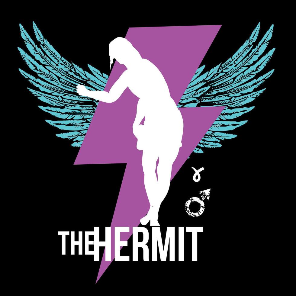 The hermit. Winged thunder symbol next to a silhouette of a man and the symbol of Mars in Aries on a black background. vector
