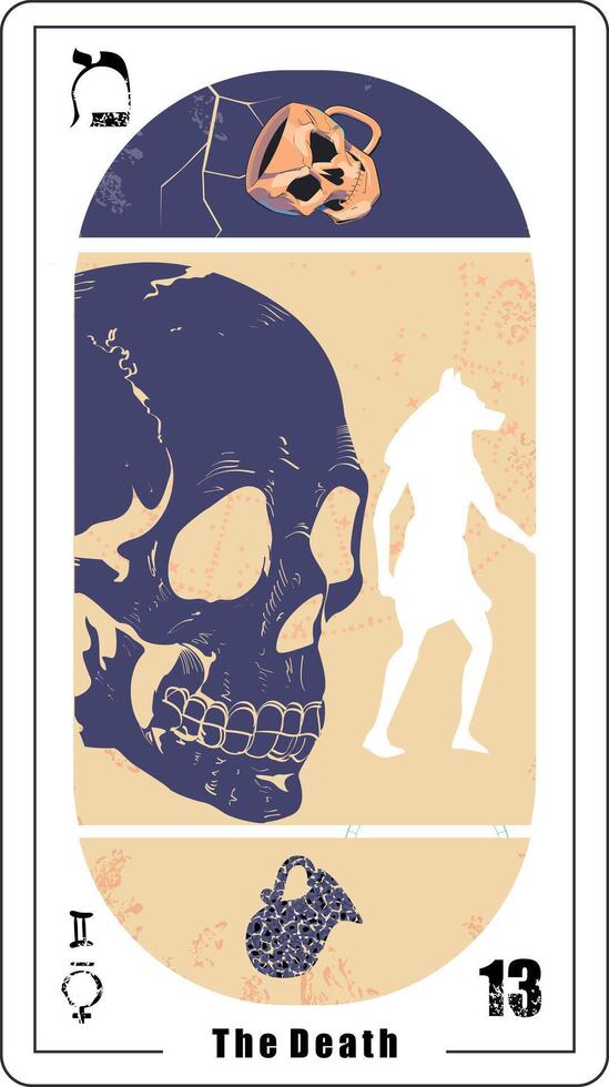 Egyptian tarot card number thirteen called Death. Blue skull and silhouette of the god Anubis. vector