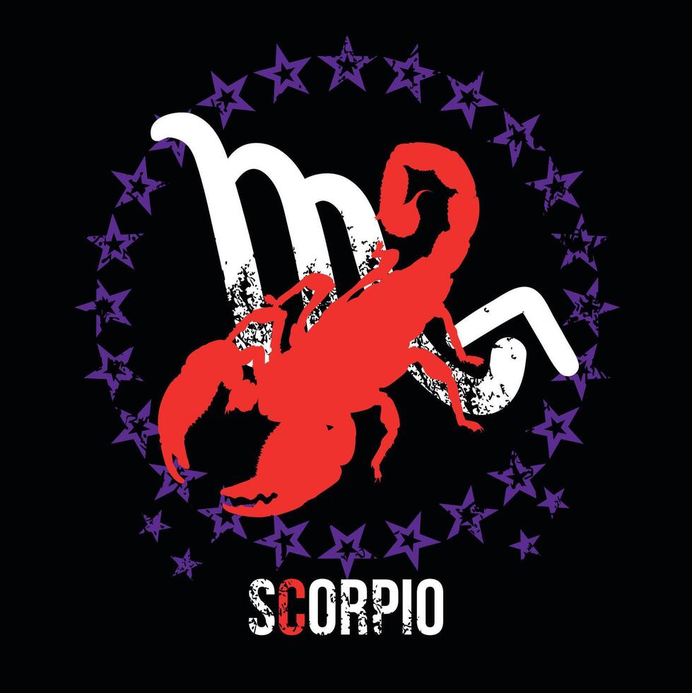 T-shirt design of the Scorpio symbol surrounded by stars and the silhouette of a red scorpion on a black background. vector