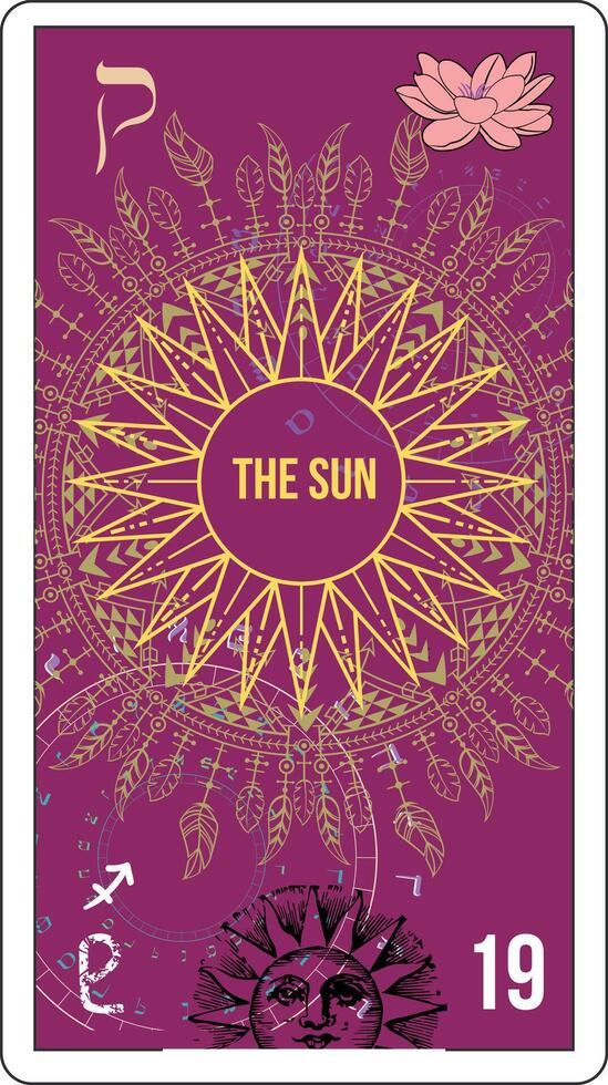 Egyptian tarot card number nineteen, called The Sun. Abstract illustration next to a lotus flower. vector