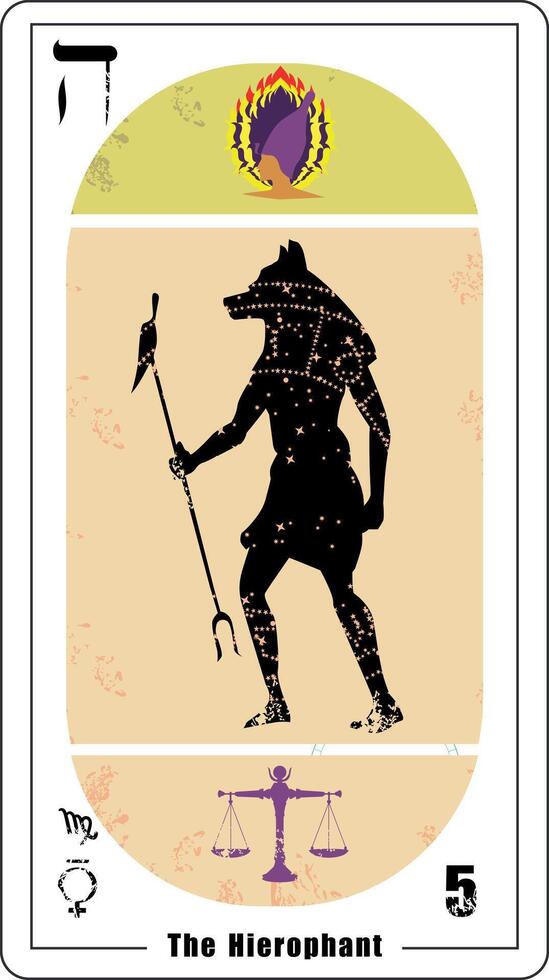 egipcio tarot tarjeta número 5, llamado el hechicero. silueta de el Dios anubis vector