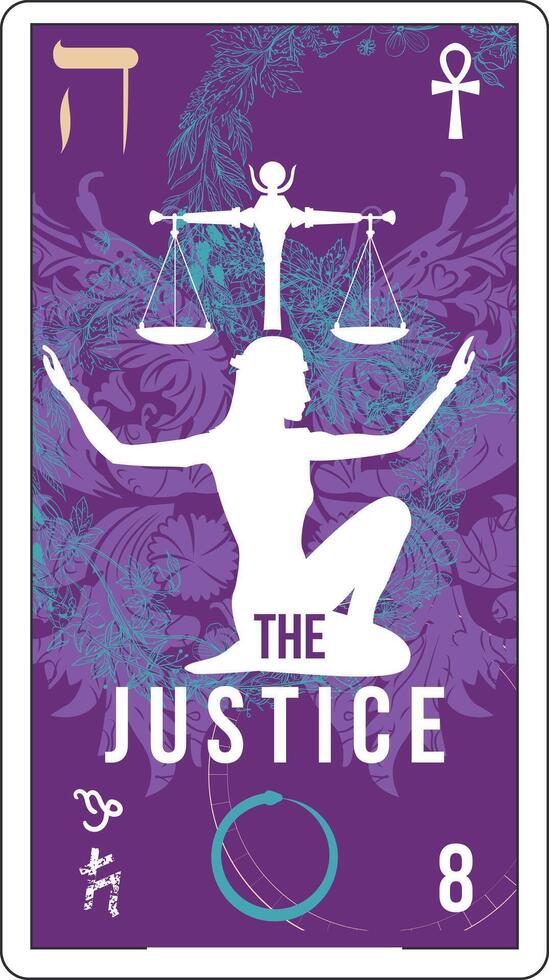 Tarot card number eight, called Justice. Silhouette of woman with open arms and a scale. Egyptian vector