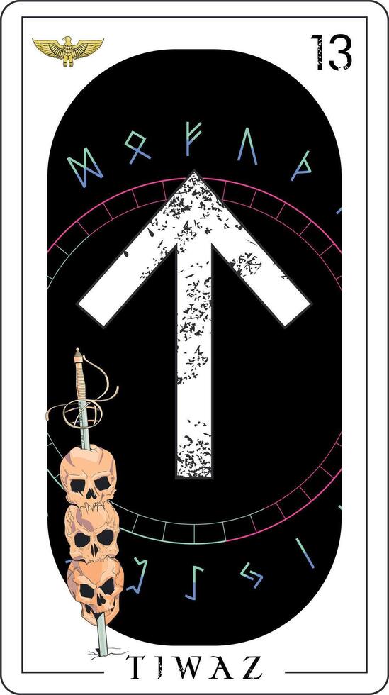 Viking tarot card with runic alphabet. Runic letter called Tiwaz with skulls vector