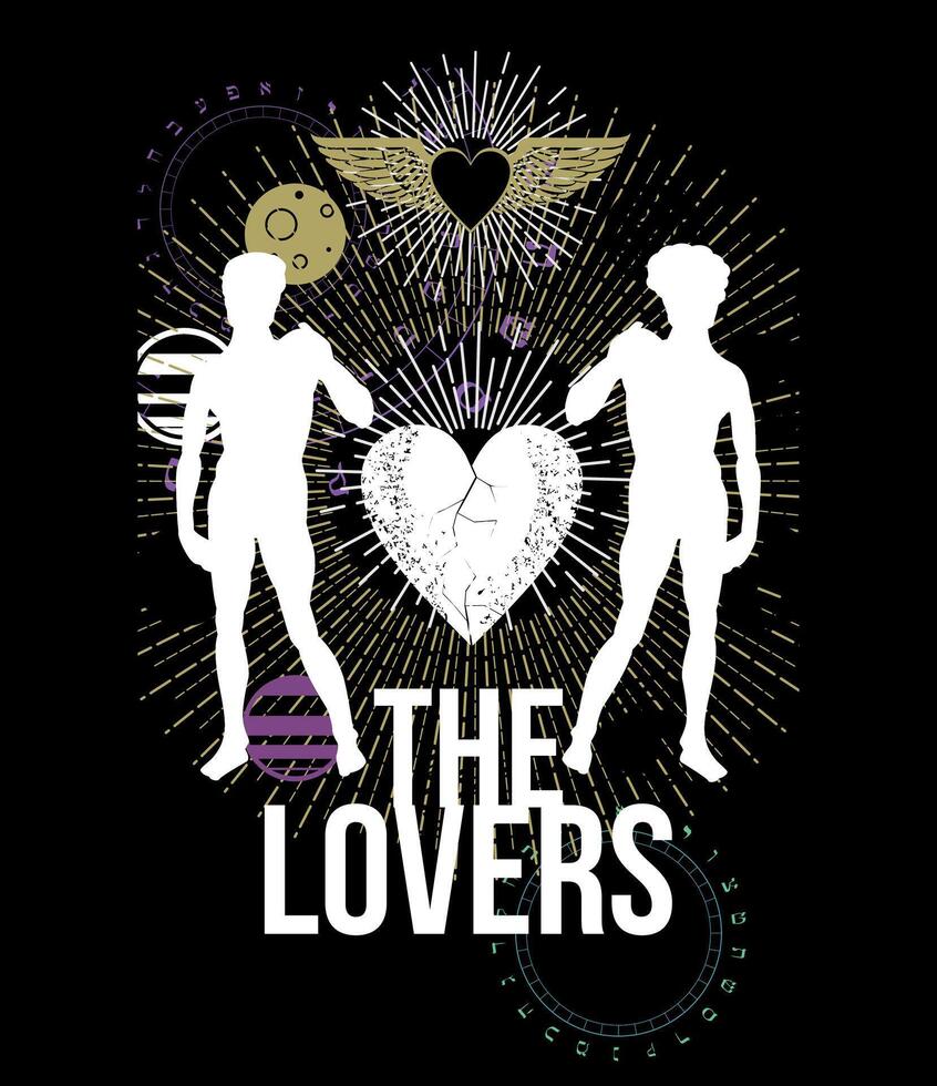 The lovers. T-shirt design of two naked men and a winged heart. vector