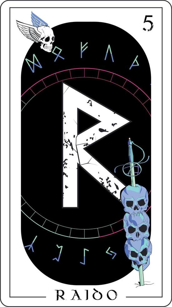 vikingo tarot tarjeta con rúnico alfabeto. rúnico letra llamado raido juntos con calaveras traspasado por un espada. vector