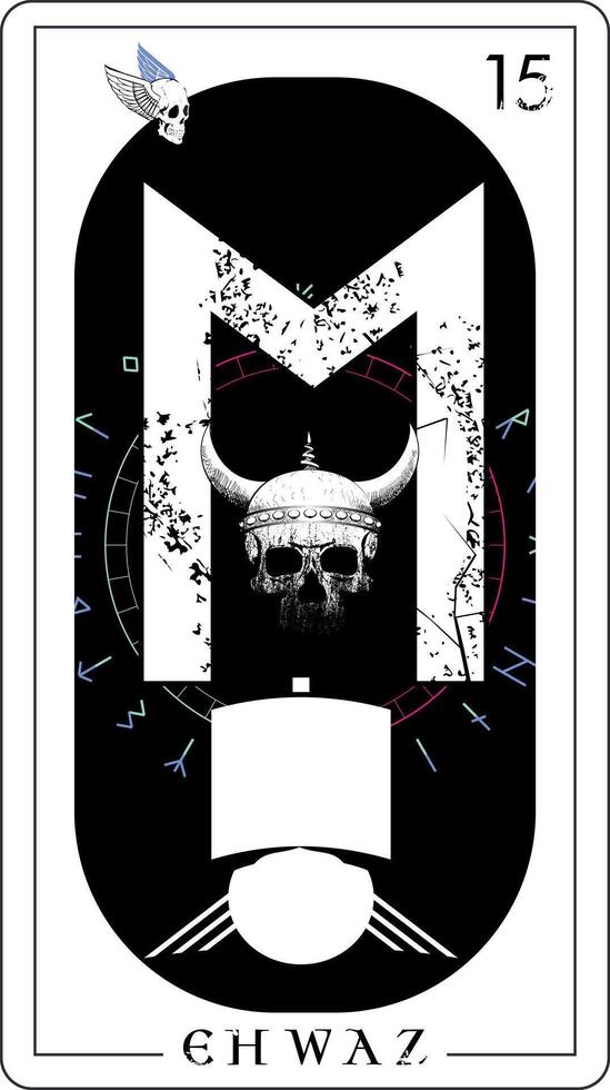 tarot tarjeta con rúnico alfabeto. rúnico letra llamado ehwaz con vikingo Embarcacion y cráneo. vector