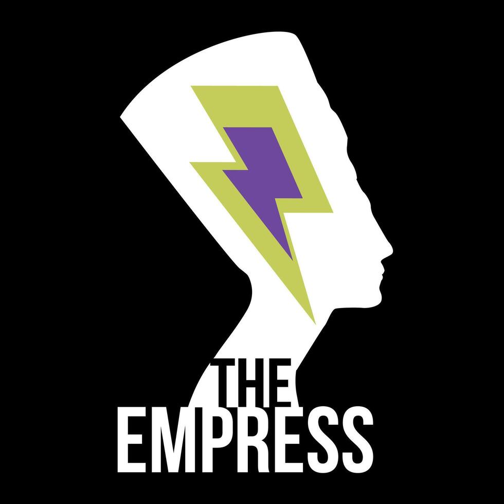 The Empress. T-shirt design with the bust of Nefertiti next to the thunder symbol on a black background. Glamor rock poster. vector