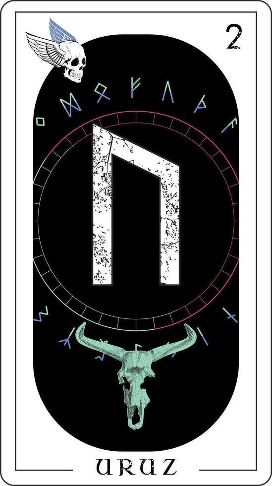 Viking tarot card with runic alphabet. Runic letter called Uruz next to the skeleton of an aurochs with horns vector