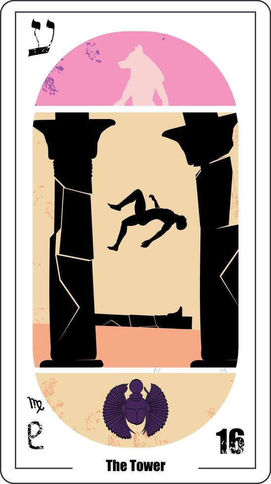 Egyptian tarot card number sixteen, called The Tower. Illustration of person falling next to collapsing towers and a blue beetle vector
