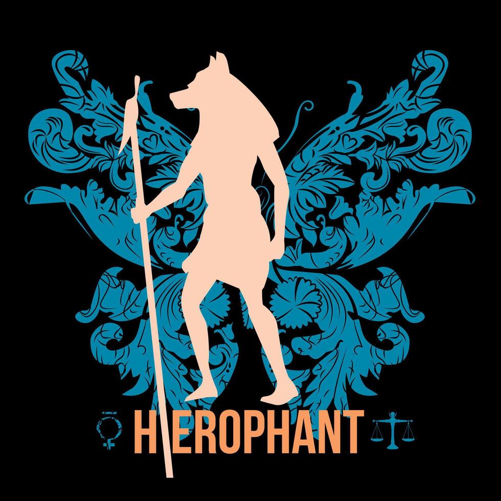 Hierophant. T-shirt design of the silhouette of the Egyptian god Anubis on a celestial butterfly on a black background. vector