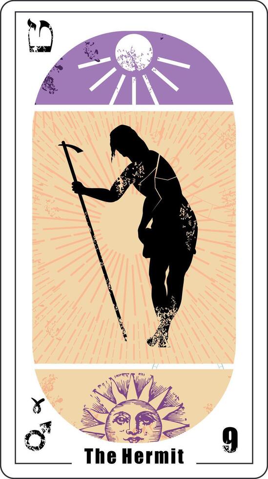 Egyptian tarot card number nine, called the hermit. Silhouette of Jesus by Titian in white. vector