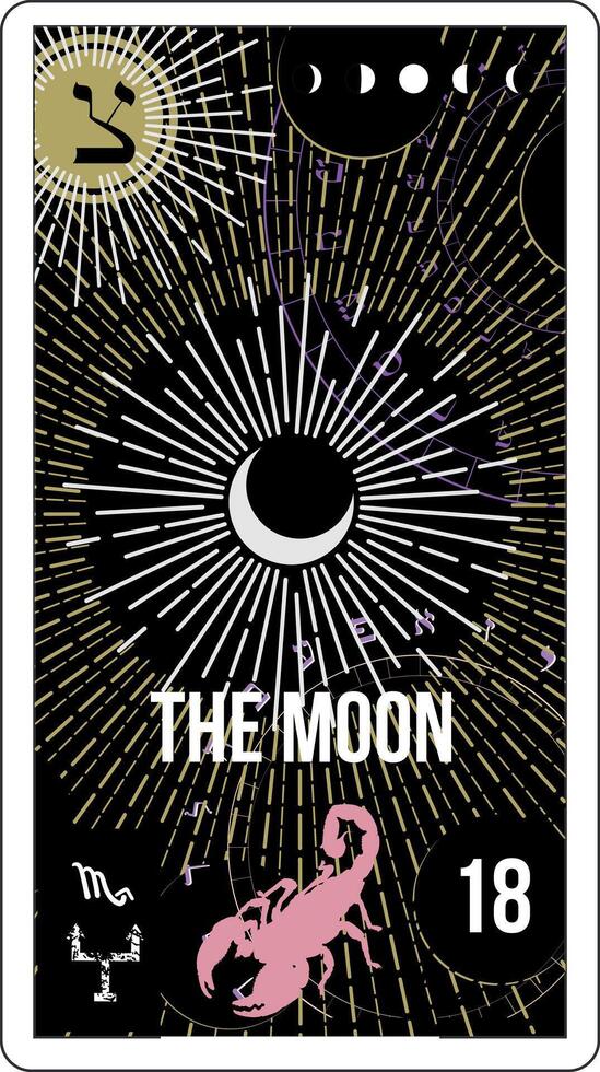 Egyptian tarot card number eighteen, called The Moon. Pink scorpion on black background. vector