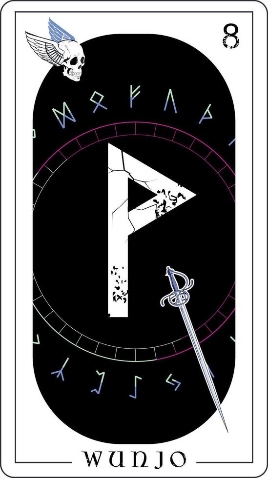 Viking tarot card with runic alphabet. runic letter called Wunjo next to a medieval sword. vector
