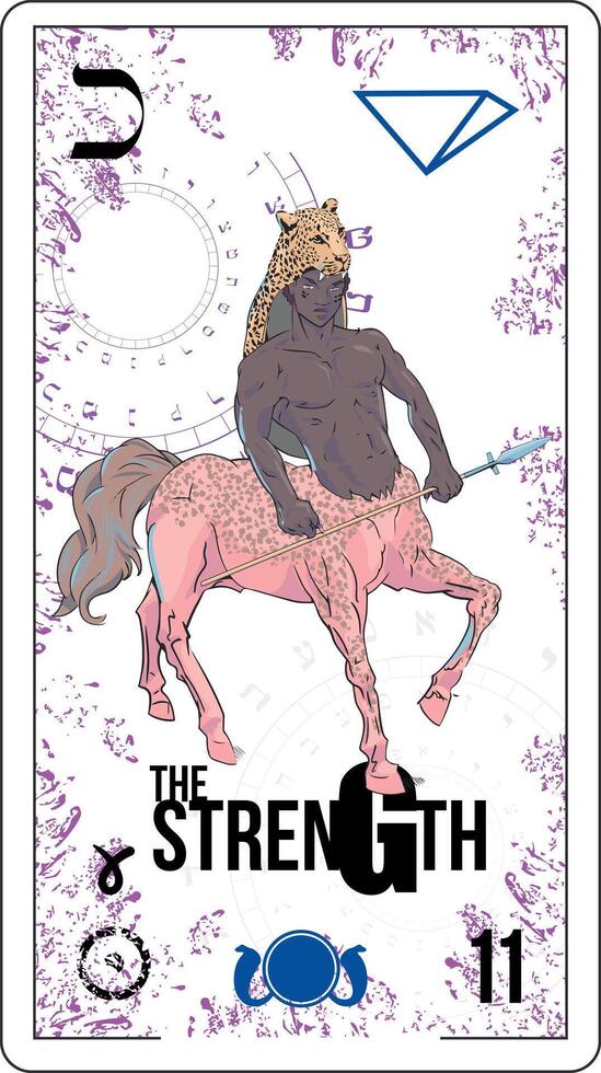 tarot card number eleven, called The Force. Black man centaur with spear. vector