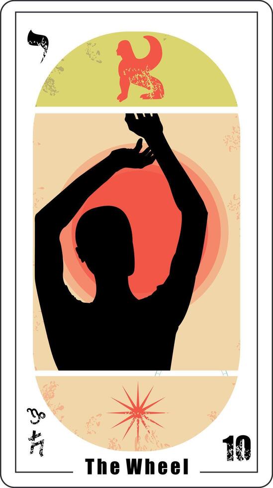 Egyptian Tarot card number ten, called The Wheel. Silhouette of a person with raised arms and a small sphinx. vector