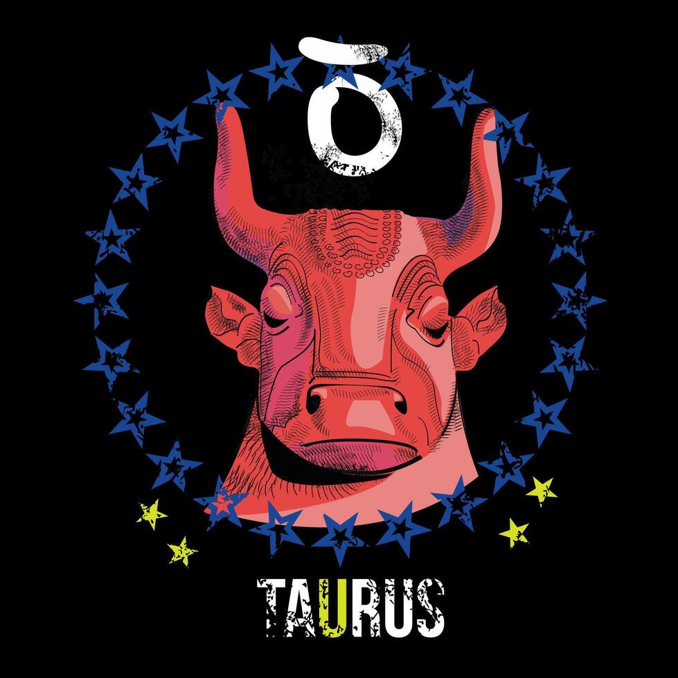 T-shirt design of the Taurus symbol along with the head of an ancient bull and a circle of blue stars on a black background. vector