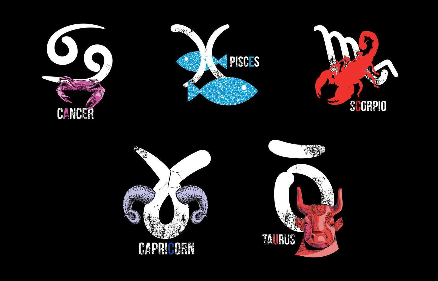 T-shirt design with five zodiac signs and illustrations on a black background. Signs of cancer, pisces, scorpio, capricorn and taurus. vector