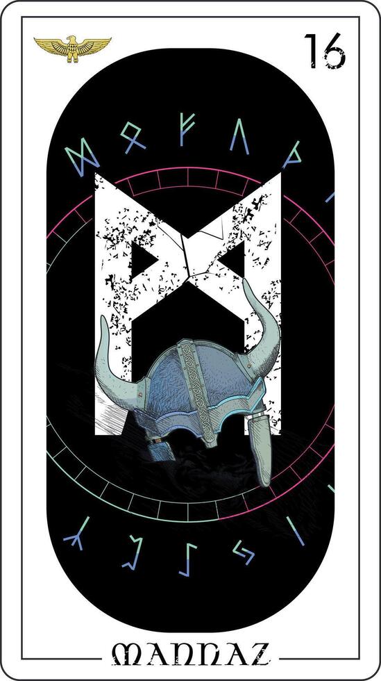 vikingo tarot tarjeta con rúnico alfabeto. rúnico letra llamado mannaz con con cuernos casco. vector