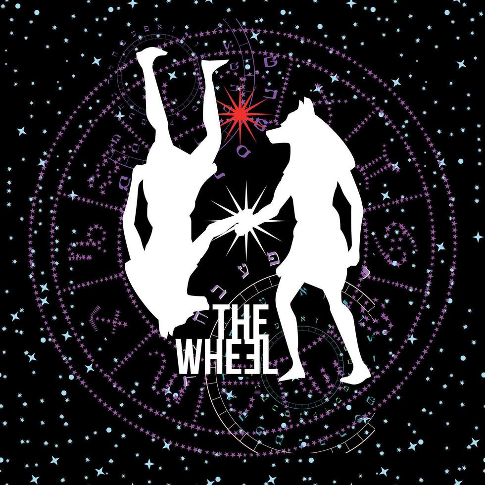 The wheel. T-shirt design of the silhouette of God Anubis along with a circle with the signs of the zodiac on a black background. vector