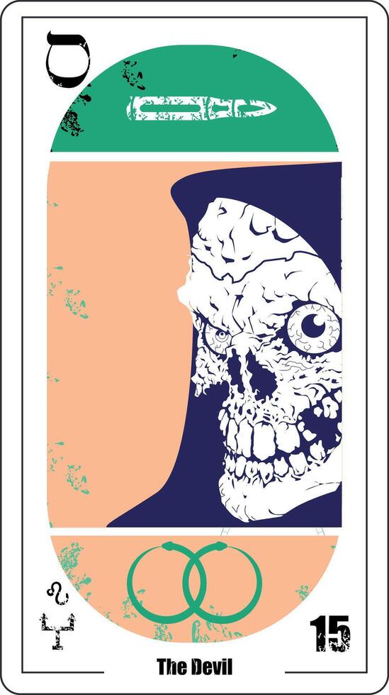 Egyptian tarot card called The Devil. Closeup of skull with blue hood. vector