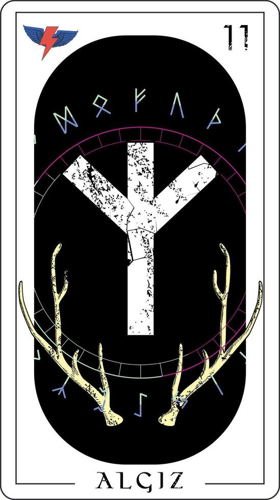 vikingo tarot tarjeta con rúnico alfabeto. diseño para un camiseta con el rúnico letras llamado algiz siguiente a alce cuernos. vector