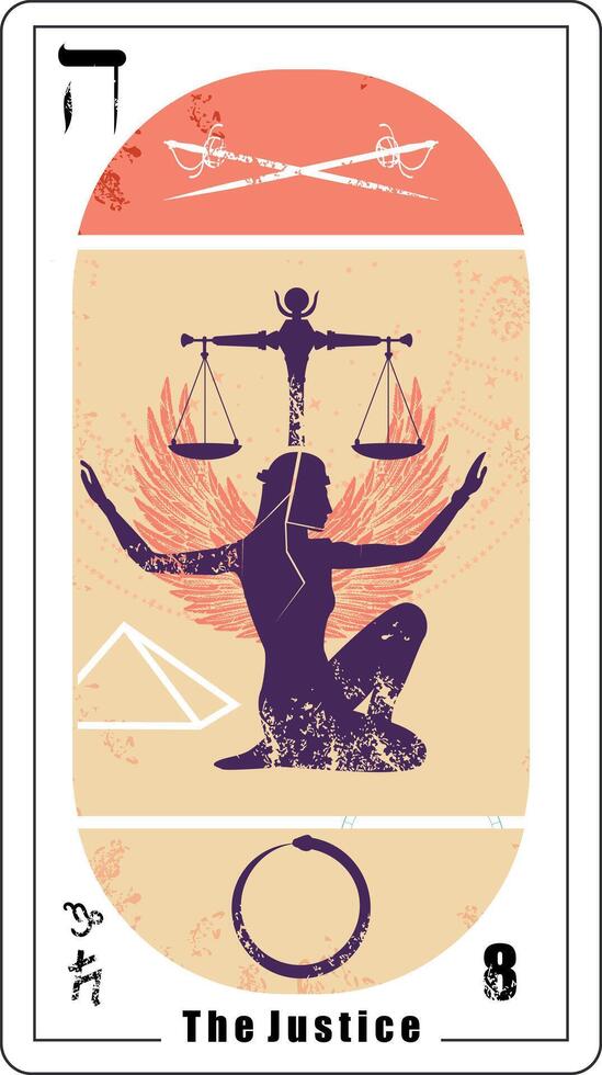 Tarot card number eight, called Justice. Silhouette of woman with open arms and a scale. Egyptian vector