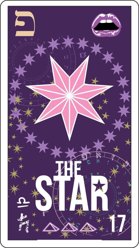 egipcio tarot tarjeta número de diecisiete llamado el estrella. rosado de siete puntas estrella y labios. vector