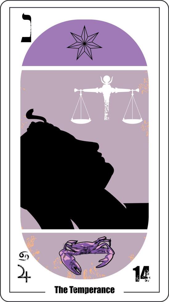 egipcio tarot tarjeta número catorce, llamado templanza. silueta de un mujer cara acostado siguiente a un escala y de siete puntas estrella. vector