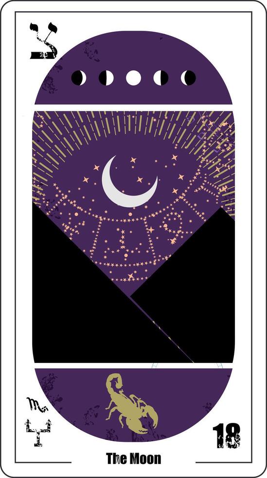 Egyptian tarot card number eighteen. Vector illustration of the moon next to black pyramids.