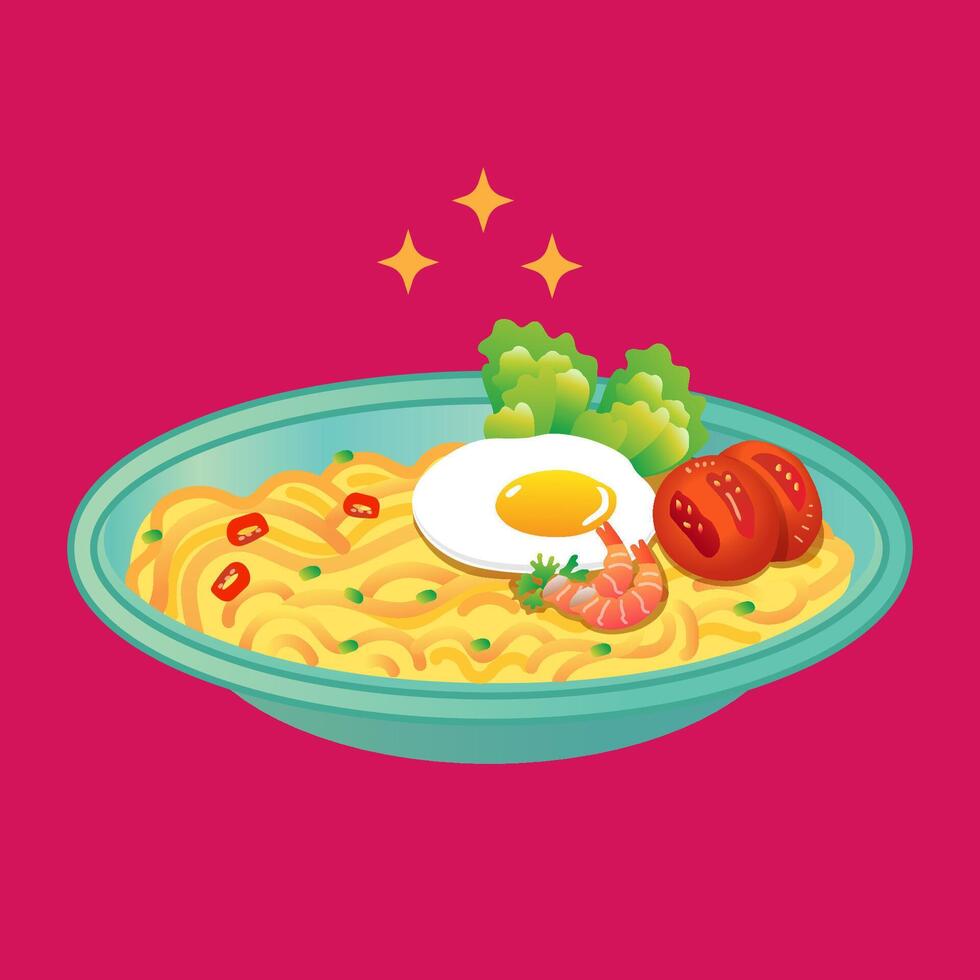 Vector color illustration of fried noodle or ramen on a plate, cute cartoon style