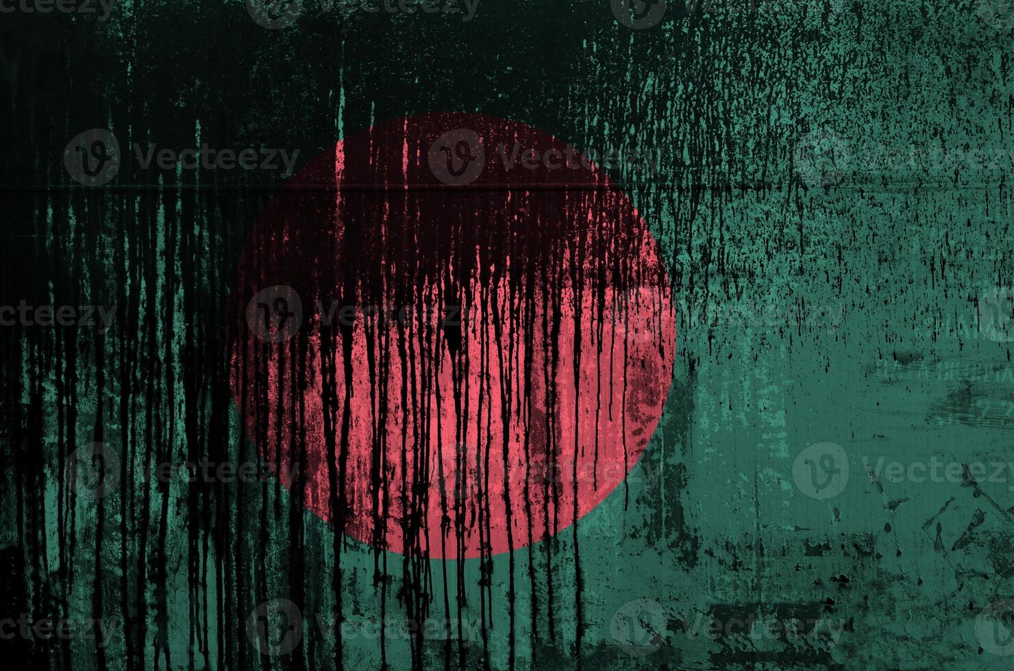 Bangladesh flag depicted in paint colors on old and dirty oil barrel wall closeup. Textured banner on rough background photo