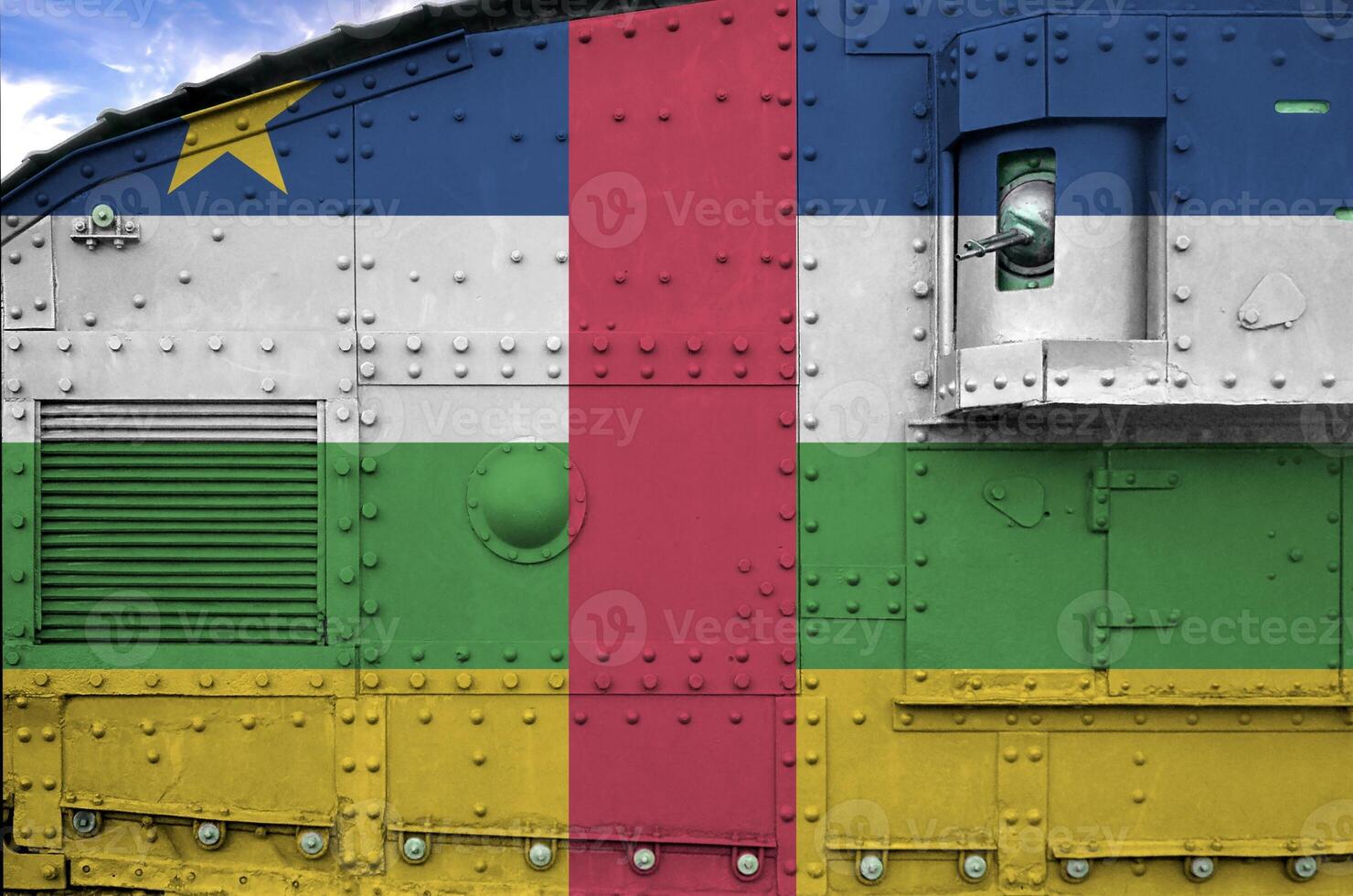 Central African Republic flag depicted on side part of military armored tank closeup. Army forces conceptual background photo