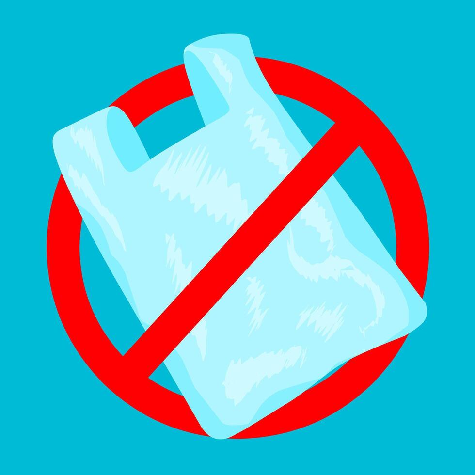 Sign prohibiting the use of plastic bags on a blue background. Plastic icon with red circle. Stop using single-use plastic bags. Vector illustration