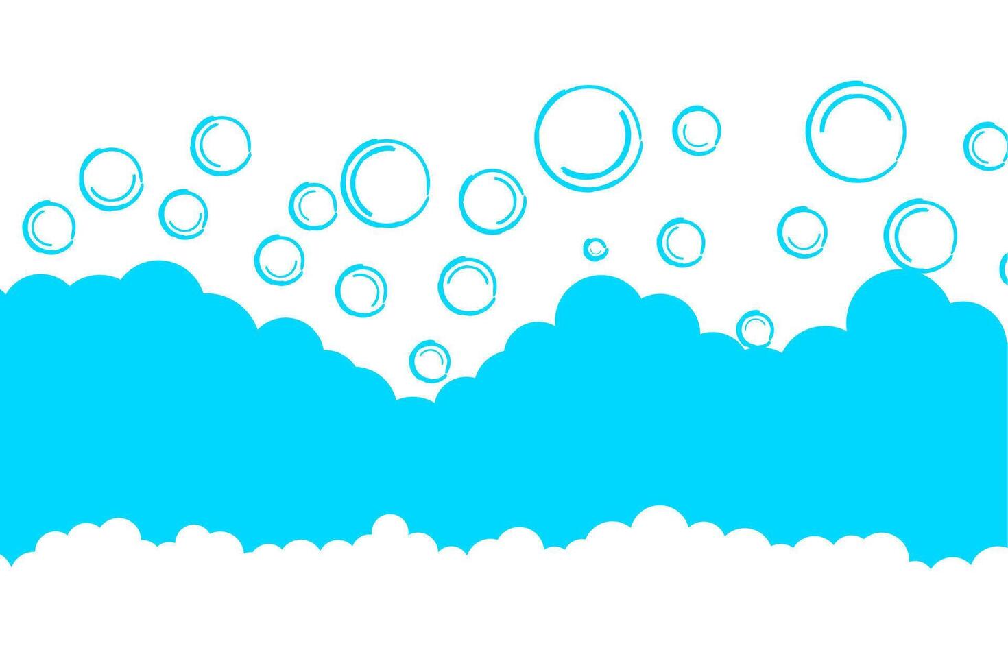 Soap bubbles on blue background. The foam expands over the water in a circle. Vector illustration