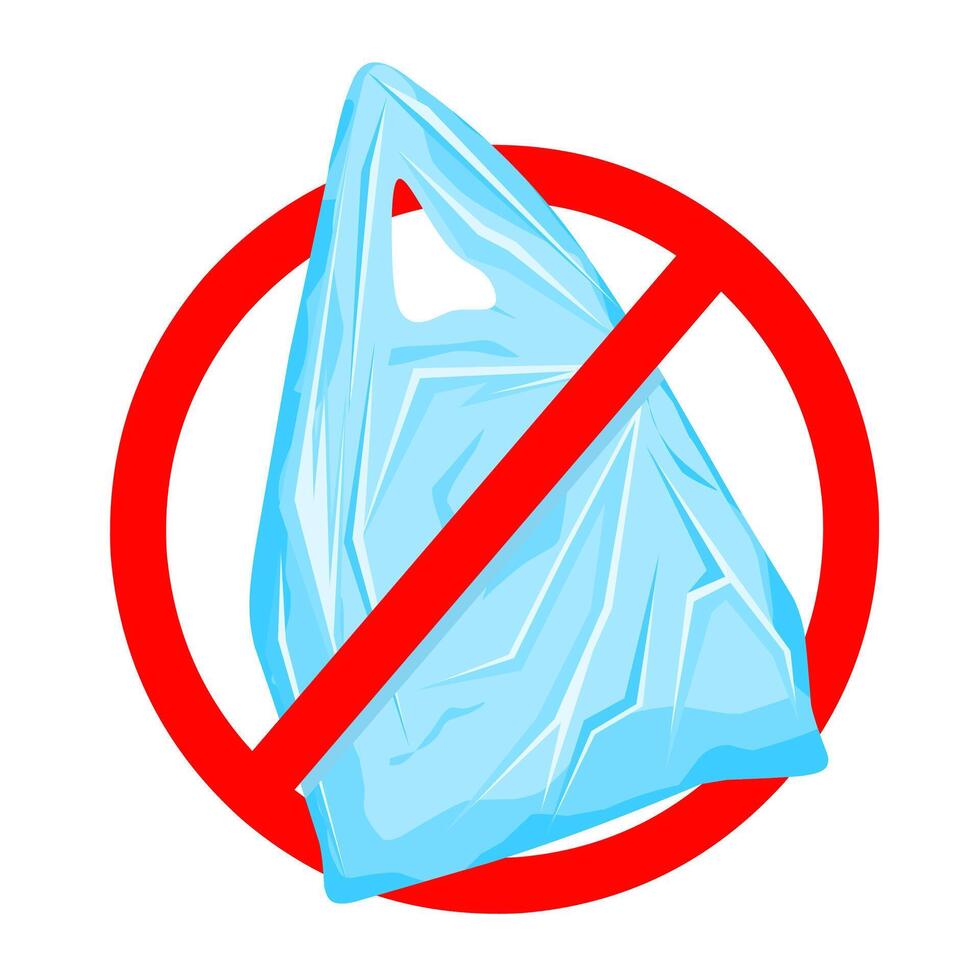 Vector illustration of plastic bag with red circle marked prohibition isolated on white background. Pollution problem concept. Say no to plastic bags.